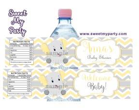 Yellow and grey elephant baby shower water bottle labels,(006ebs)